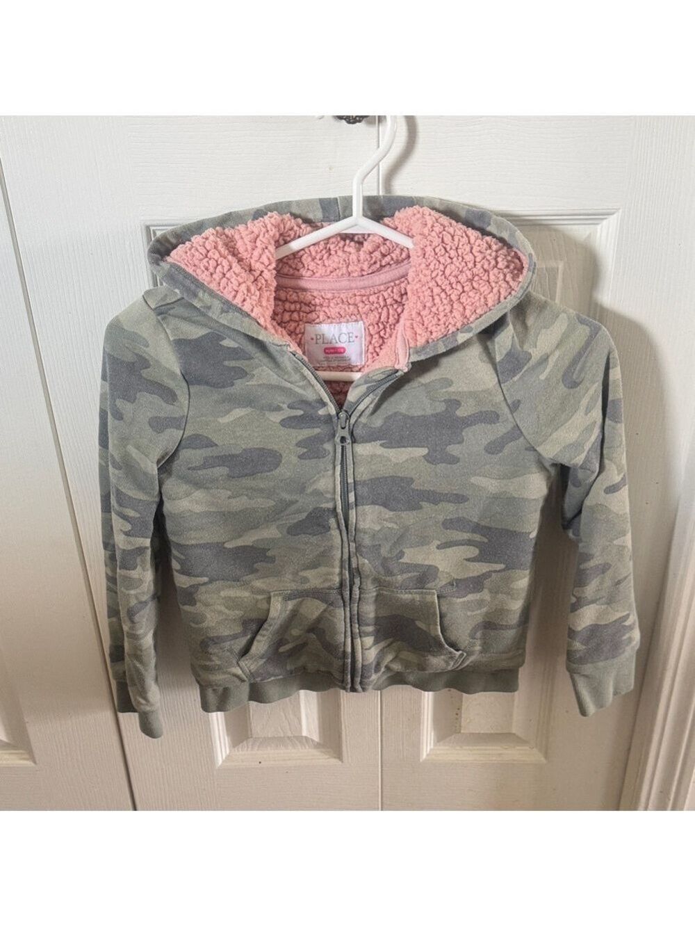 The Children's Place Green Camo Hoodie with Pink Fleece